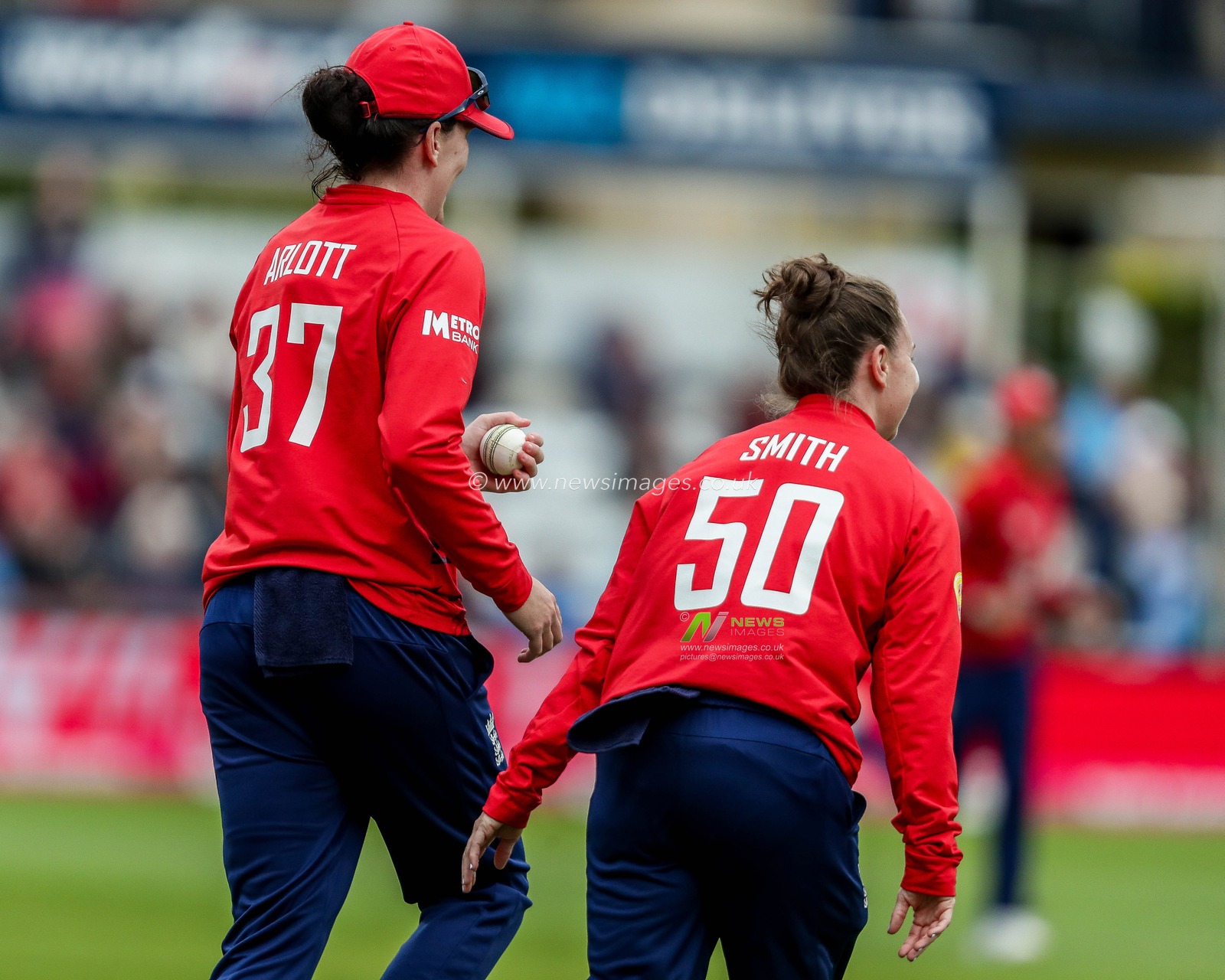 Emily Arlott and Linsey Smith of England Women celebrates after the dismissal of Hayley Matthews of West Indies Women  during the 3rd Vitality IT20 Series match England Women vs West Indies Women at The Cloud County Ground, Chelmsford, United Kingdom, 26th May 2025

(Photo by Izzy Poles/News Images)