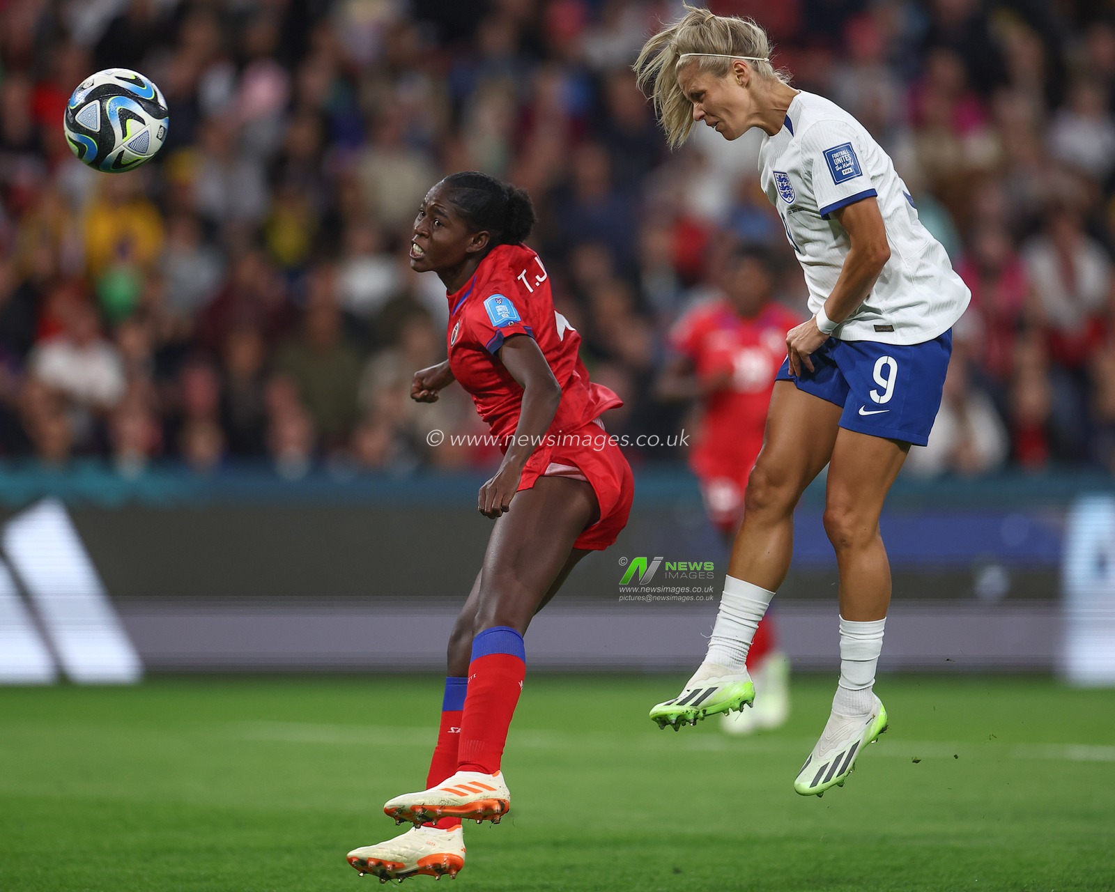 Rachel Daly #9 of England jumps up to win the high ball during the FIFA Women's World Cup 2023 Group D England Women vs Haiti Women at Suncorp Stadium, Brisbane, Australia, 22nd July 2023

(Photo by Patrick Hoelscher/News Images)