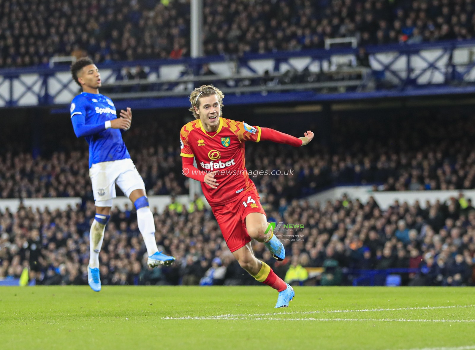 23rd November 2019, Goodison Park, Liverpool, England; Premier League, Everton v Norwich City : Todd Cantwell (14) of Norwich City celebrates scoring to make it 0-1 to Norwich in the 55th minute

Credit: Conor Molloy/News Images
