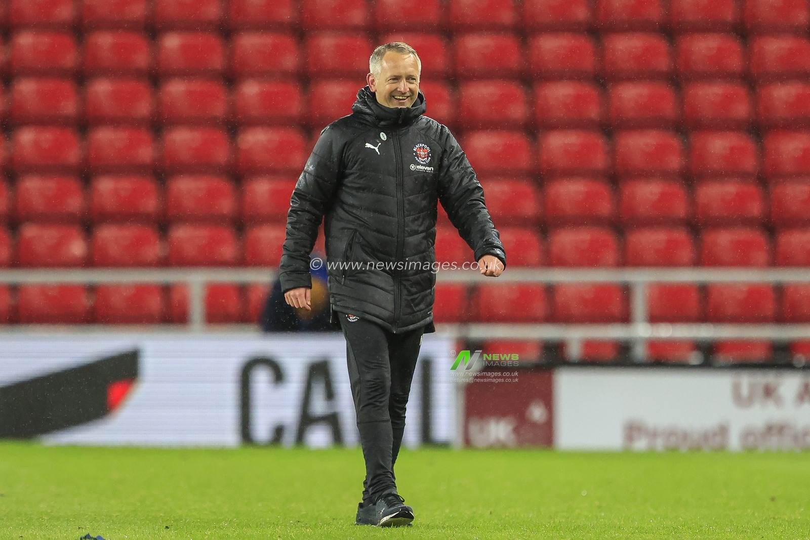 Neil Critchley, Manager of Blackpool, is all smiles at the final whistle as his side wins 0-1 at Sunderland