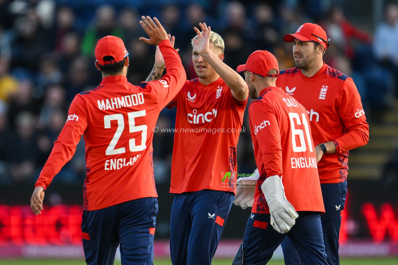 Brydon Carse of England celebrates taking the wicket of Travis Head of Australia caught by Adil Rashid of England during the Second Vitality IT20 Series England v Australia at Sophia Gardens Cricket Ground, Cardiff, United Kingdom, 13th September 2024

(Photo by Craig Thomas/News Images)