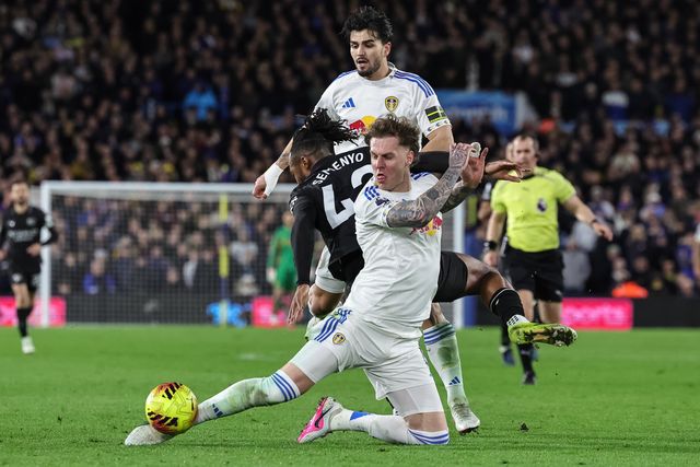 Antonie Semenyo of Manchester City is tackled by Joe Rodon of Leeds United during the Premier League match Leeds United vs Manchester City at Elland Road, Leeds, United Kingdom on 28 February 2026

(Photo by Mark Cosgrove/News Images)