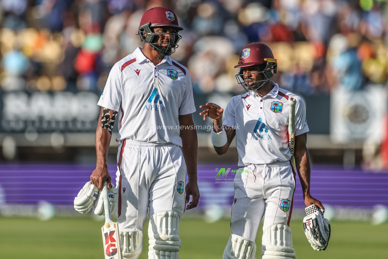 Alick Athanaze of West Indies and Mikyle Louis of West Indies leave the field of play at the end of day 2 not out during Day Two of the Rothesay Test match England vs West Indies at Edgbaston, Birmingham, United Kingdom, 27th July 2024

(Photo by Mark Cosgrove/News Images)