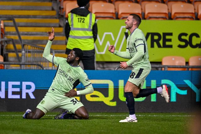 Gideon Kodua of Luton Town  celebrates scoring a penalty to equalise (2-2) during the Sky Bet League 1 match Blackpool vs Luton Town at Bloomfield Road, Blackpool, United Kingdom, 30th September 2025

(Photo by Adam Gee/News Images)