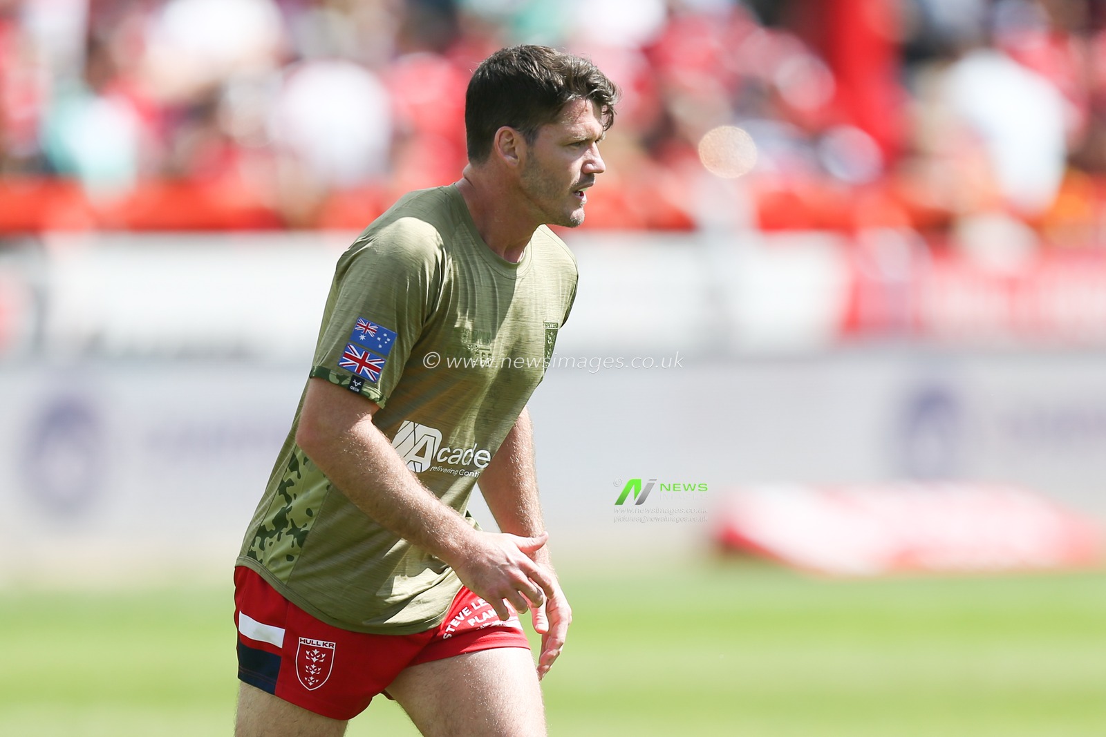 Lachlan Coote #1 of Hull KR during pre-game warm up with a special armed forces day top