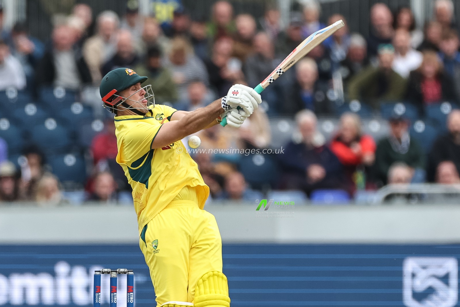 Mitchell Marsh of Australia takes a hit off a ball from Brydon Carse of England during the Third Metro Bank One Day International match England vs Australia at The Seat Unique Riverside, Chester-le-street, United Kingdom, 24th September 2024

(Photo by Mark Cosgrove/News Images)