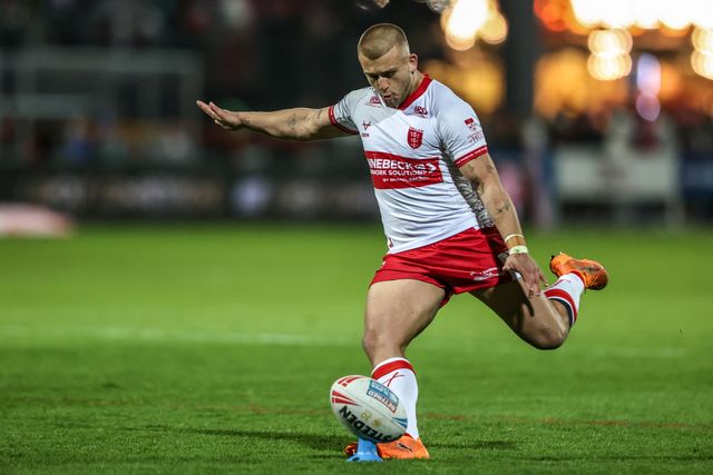 Mikey Lewis of Hull KR converts for a goal during the Betfred Super League round 6 match Hull KR vs St Helens at Sewell Group Craven Park, Hull, United Kingdom on 27 March 2026

(Photo by Alfie Cosgrove/News Images)