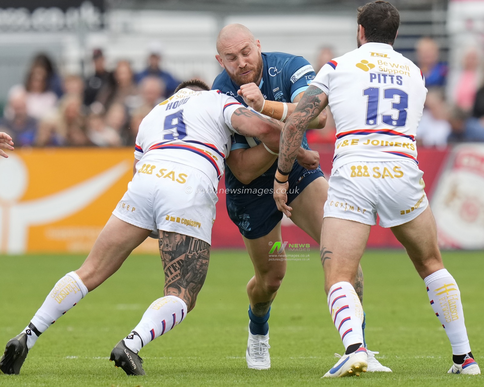 Gil Dudson #17 of Warrington Wolves runs at the Trinity defence during the Betfred Super League Round 20 match Wakefield Trinity vs Warrington Wolves at The Be Well Support Stadium, Wakefield, United Kingdom, 30th July 2023

(Photo by Steve Flynn/News Images)