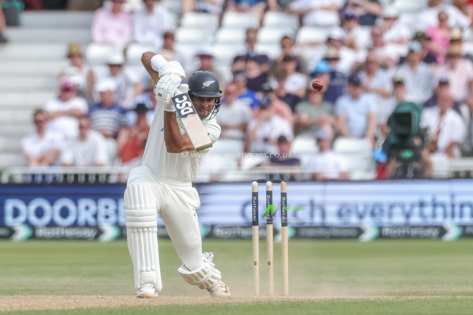 Rachin Ravindra of New Zealand drives the ball down field during the 3rd Rothesay Test Match Day 3 match England vs New Zealand at Trent Bridge, Nottingham, United Kingdom on 27 June 2026

(Photo by Mark Cosgrove/News Images)