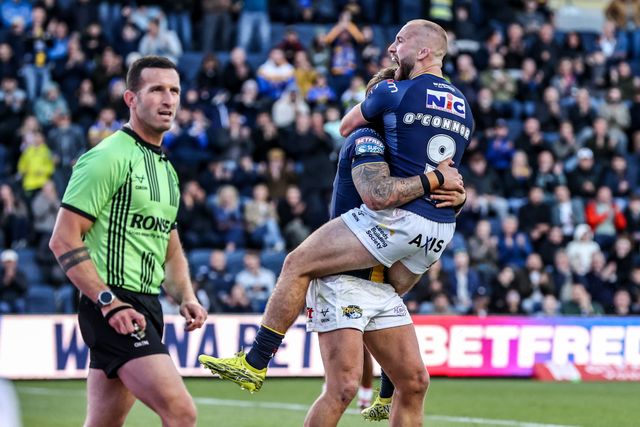 Chris Hankinson of Leeds Rhinos celebrates his try during the Betfred Super League round 13 match Leeds Rhinos vs St Helens at AMT Headingley Stadium, Leeds, United Kingdom on 04 June 2026

(Photo by Alfie Cosgrove/News Images)