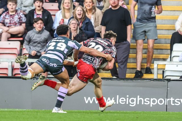 AJ Towse of Leigh Leopards goes over for a try during the Betfred Super League round 9 match Leigh Leopards vs Huddersfield Giants at Leigh Sports Village, Leigh, United Kingdom on 23 April 2026

(Photo by Alfie Cosgrove/News Images)