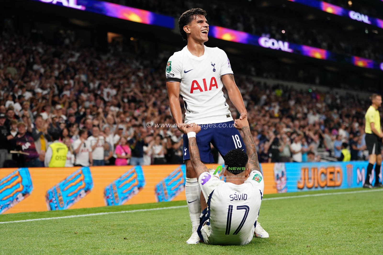 Mateus Fernandes of Tottenham Hotspur and Savio of Tottenham Hotspur during the Carabao Cup round 2 match Tottenham Hotspur vs Charlton Athletic at Tottenham Hotspur Stadium, London, United Kingdom on 26 August 2026

(Photo by Harvey Murphy/News Images)