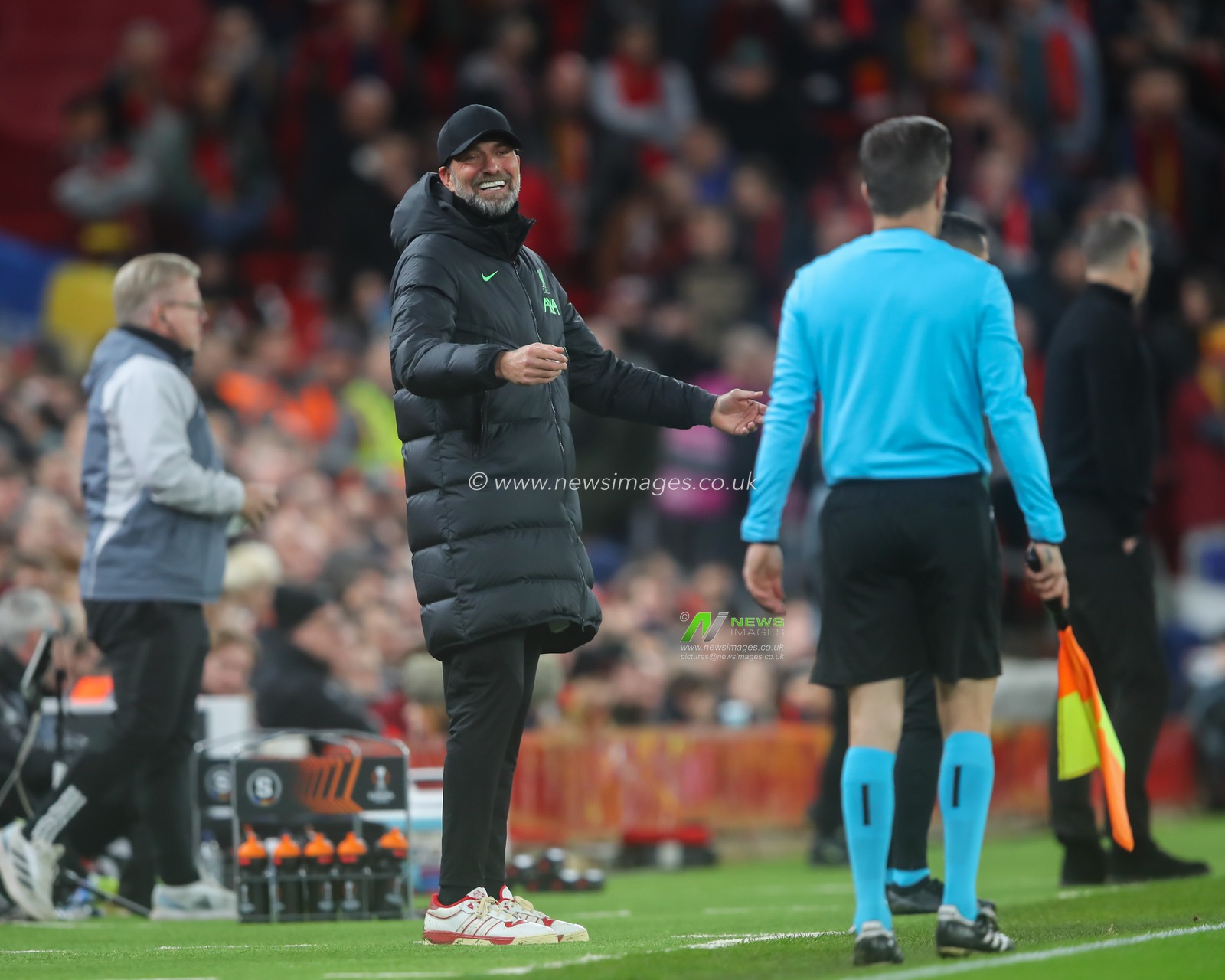 JÃ¼rgen Klopp manger of Liverpool appeal to the referees assistant, during the UEFA Europa League match Liverpool vs Sparta Prague at Anfield, Liverpool, United Kingdom, 14th March 2024

(Photo by Gareth Evans/News Images)