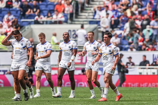 Brodie Croft of Leeds Rhinos looks back to the Leeds fans after going over for a try during the Betfred Super League Magic Weekend match Leeds Rhinos vs Bradford Bulls at Hill Dickinson Stadium, Liverpool, United Kingdom on 05 July 2026

(Photo by Alfie Cosgrove/News Images)