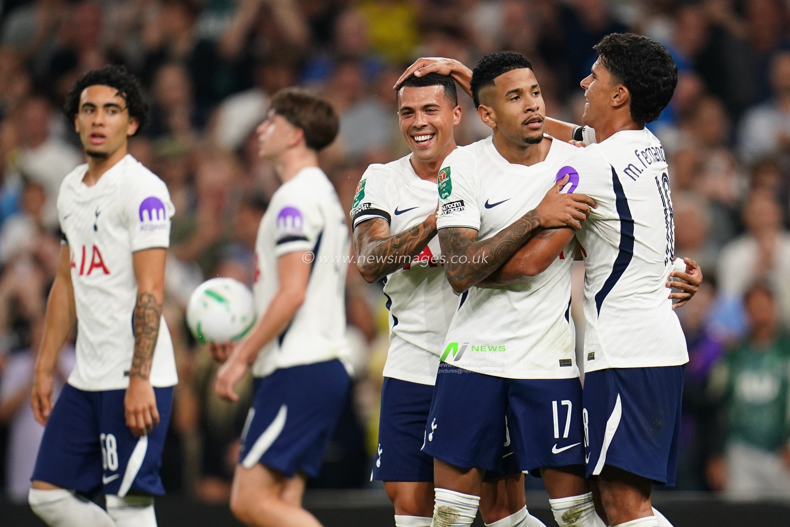 Tottenham players celebrate Savio of Tottenham Hotspur goal during the Carabao Cup round 2 match Tottenham Hotspur vs Charlton Athletic at Tottenham Hotspur Stadium, London, United Kingdom on 26 August 2026

(Photo by Harvey Murphy/News Images)