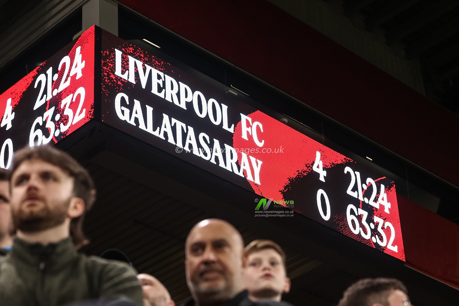 Liverpool 4 -0 Galatasaray on the LCD board during the UEFA Champions League last 16 second leg match Liverpool vs Galatasaray at Anfield, Liverpool, United Kingdom on 18 March 2026

(Photo by Alfie Cosgrove/News Images)