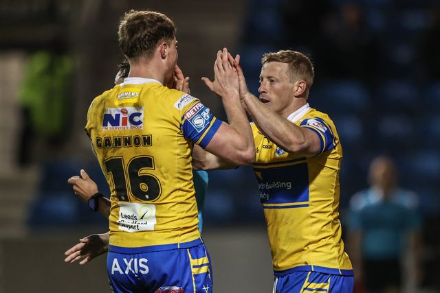 Lachlan Miller of Leeds Rhinos celebrates his try during the Betfred Super League match Salford Red Devils vs Leeds Rhinos at Salford Community Stadium, Eccles, United Kingdom, 10th April 2025

(Photo by Alfie Cosgrove/News Images)