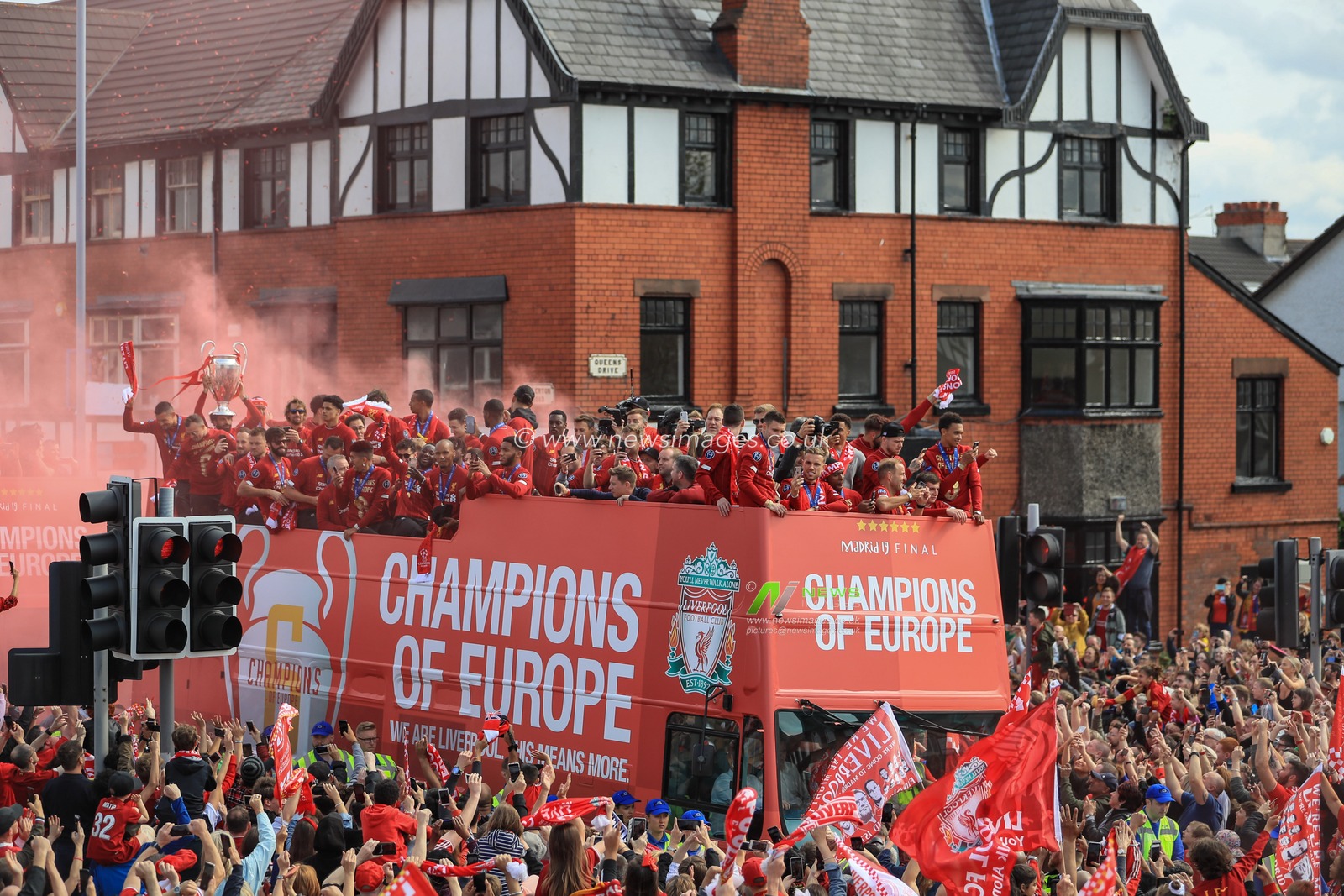 2nd June 2019 , Liverpool, England; UEFA Champions League, Liverpool FC Champions League winners celebrations and open top bus parade ; Liverpool players celebrate with the fans on their open top bus as it tours the City


Credit: Mark Cosgrove/News Images