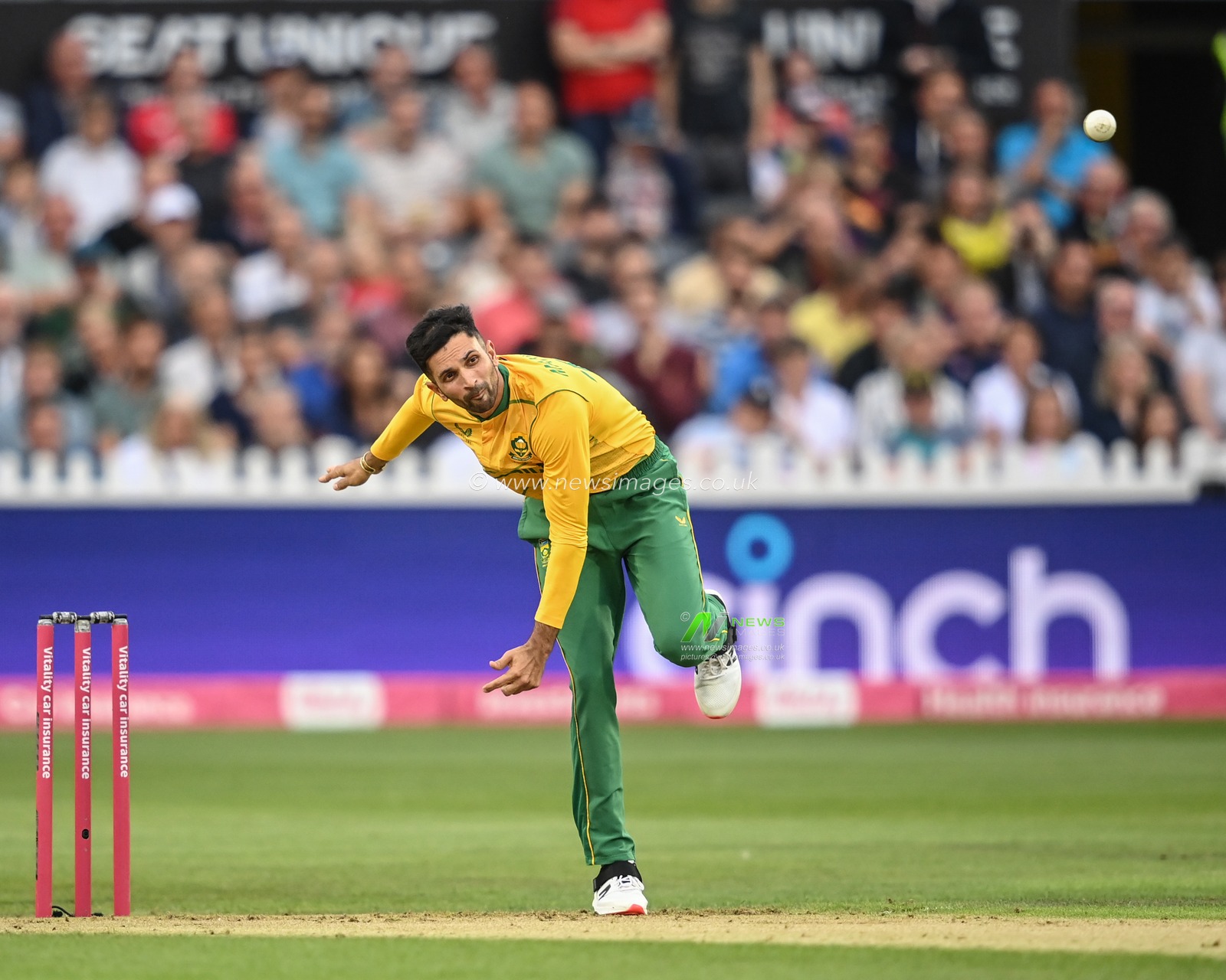 Keshav Maharaj of South Africa delivers the ball