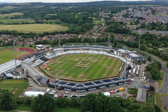An aerial view of The Banks Homes Riverside Stadium during the First Vitality T20 International match England vs India at Banks Homes Riverside Stadium, Chester-le-street, United Kingdom on 01 July 2026

(Photo by Mark Cosgrove/News Images)