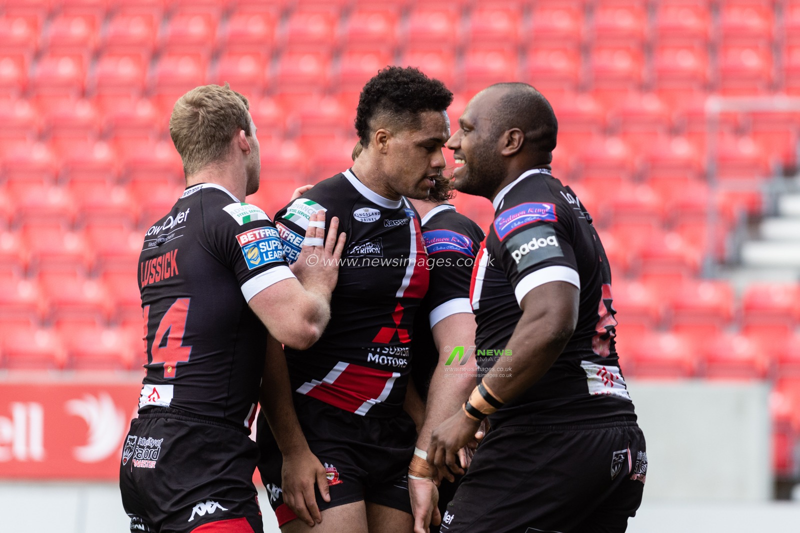 16th June 2019 ,  AJ Bell Stadium, Salford, England;  Betfred Super League, Round 18, Salford Red Devils vs Wakefield Trintiny ; Robert Lui of Salford Red Devils celebrates scoring his try

Credit: Richard Long/News Images