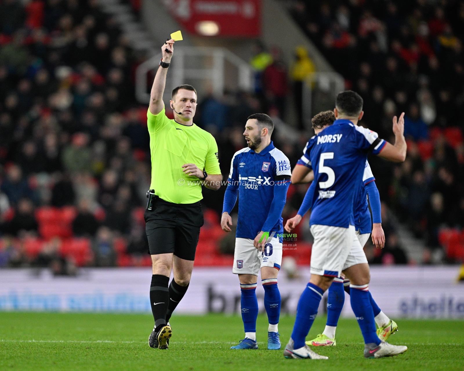 Sam Morsy of Ipswich Town is shown a yellow card, during the Sky Bet Championship match Stoke City vs Ipswich Town at Bet365 Stadium, Stoke-on-Trent, United Kingdom, 1st January 2024

(Photo by Cody Froggatt/News Images)