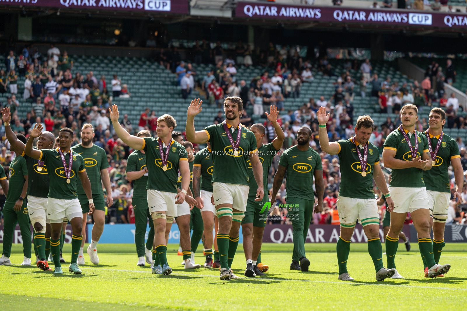 South Africa players wave to the fans after the Qatar Airways Cup match South Africa vs Wales at Twickenham Stadium, Twickenham, United Kingdom, 22nd June 2024

(Photo by Craig Thomas/News Images)