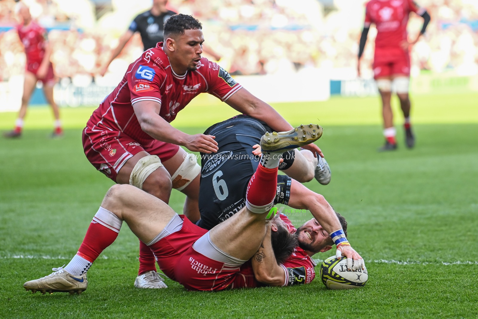 George Horne of Glasgow Warriors is tackled by during the European Challenge Cup Semi-Final match Llanelli Scarlets vs Glasgow Warriors at Parc y Scarlets, Llanelli, United Kingdom, 29th April 2023

(Photo by Craig Thomas/News Images)