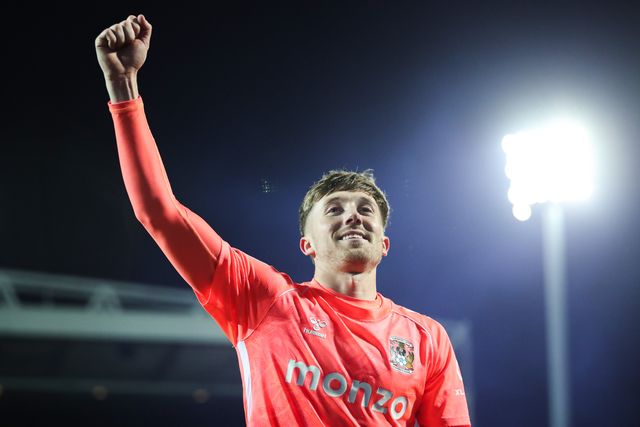 Josh Eccles of Coventry City celebrates promotion back to the Premier League after the Sky Bet Championship match Blackburn Rovers vs Coventry City at Ewood Park, Blackburn, United Kingdom on 17 April 2026

(Photo by Jorge Horsted/News Images)
