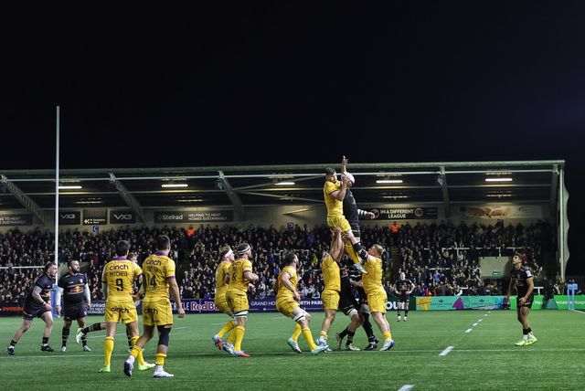 Sam Graham of Northampton Saints jumps up to win the ball in a a lineout during the Gallagher Premiership match Newcastle Red Bulls vs Northampton Saints at Kingston Park, Newcastle, United Kingdom, 17th October 2025

(Photo by Mark Cosgrove/News Images)
