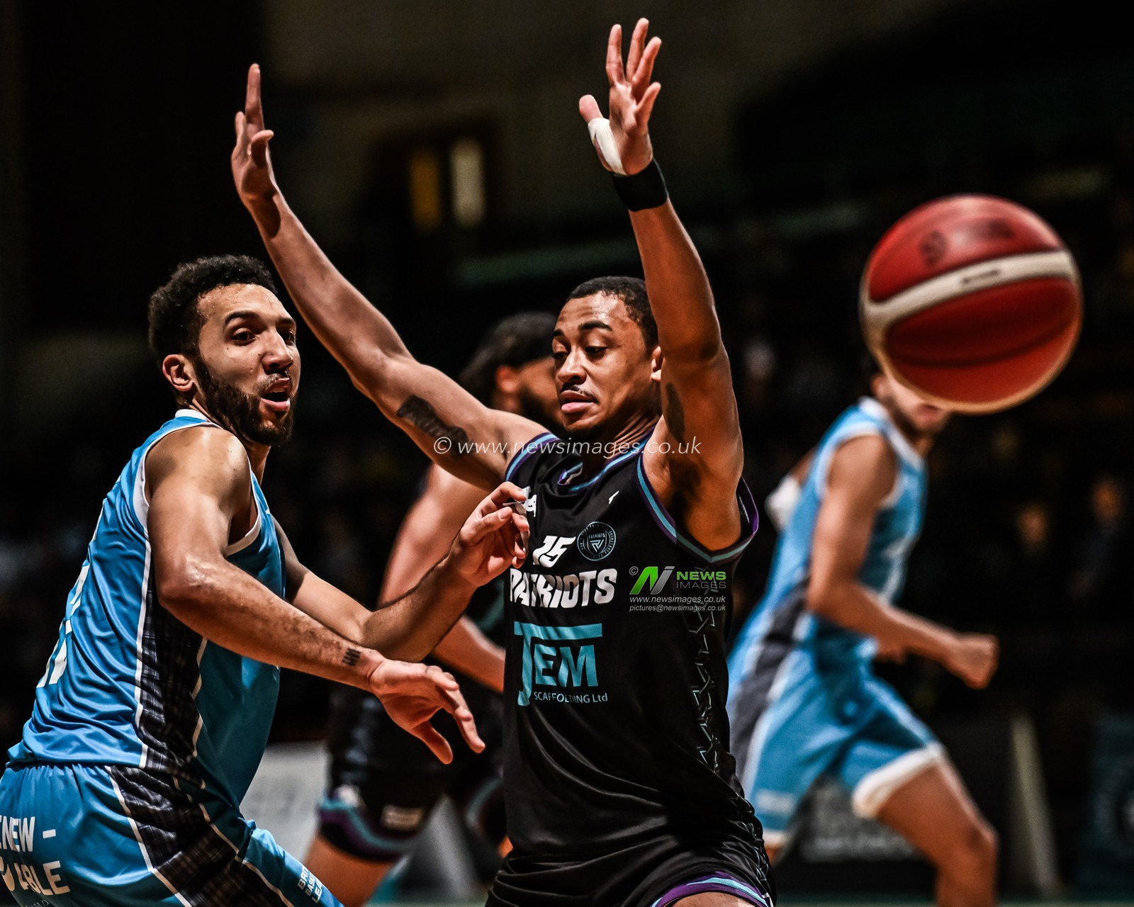 Tj Atwood #15 of Plymouth City Patriots deflects the pass of Patrick Whelan #12 of Caledonia Gladiators during the British Basketball Championship match Plymouth City Patriots vs Caledonia Gladiators at Plymouth Pavilions, Plymouth, United Kingdom, 3rd November 2023

(Photo by Craig Thomas/News Images)