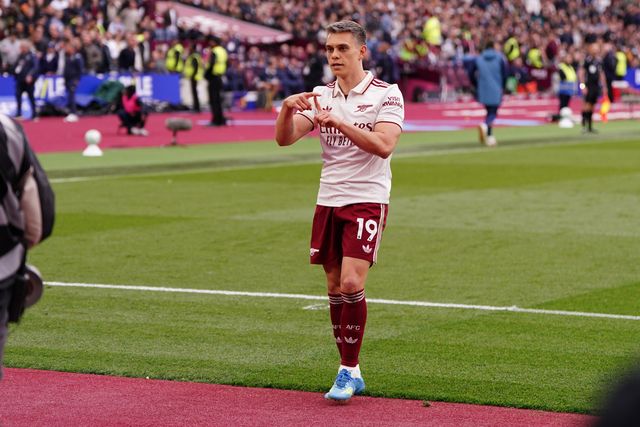 Leandro Trossard of Arsenal celebrates his goal during the Premier League match West Ham United vs Arsenal at London Stadium, London, United Kingdom on 10 May 2026

(Photo by Harvey Murphy/News Images)