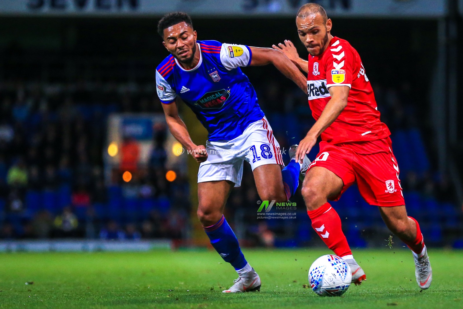 2nd October 2018, Portman Road, Ipswich, England; Sky Bet Championship Ipswich Town v Middlesbrough  ; Martin Braithwaite (10) of Middlesbrough is tracked by Grant Ward (18) of Ipswich 


Credit: Georgie Kerr/News Images,

English Football League images are subject to DataCo Licence