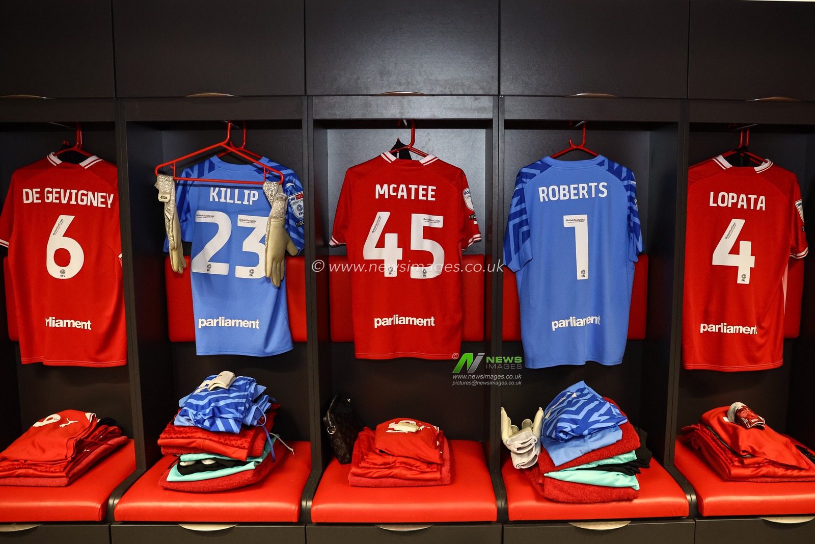MaÃ«l de Gevigney #6 of Barnsley Ben Killip #23 of Barnsley John Mcatee #45 of Barnsley Liam Roberts #1 of Barnsley and Kacper Åopata #4 of Barnsley match shirts during the Sky Bet League 1 match Barnsley vs Charlton Athletic at Oakwell, Barnsley, United Kingdom, 16th December 2023

(Photo by Mark Cosgrove/News Images)