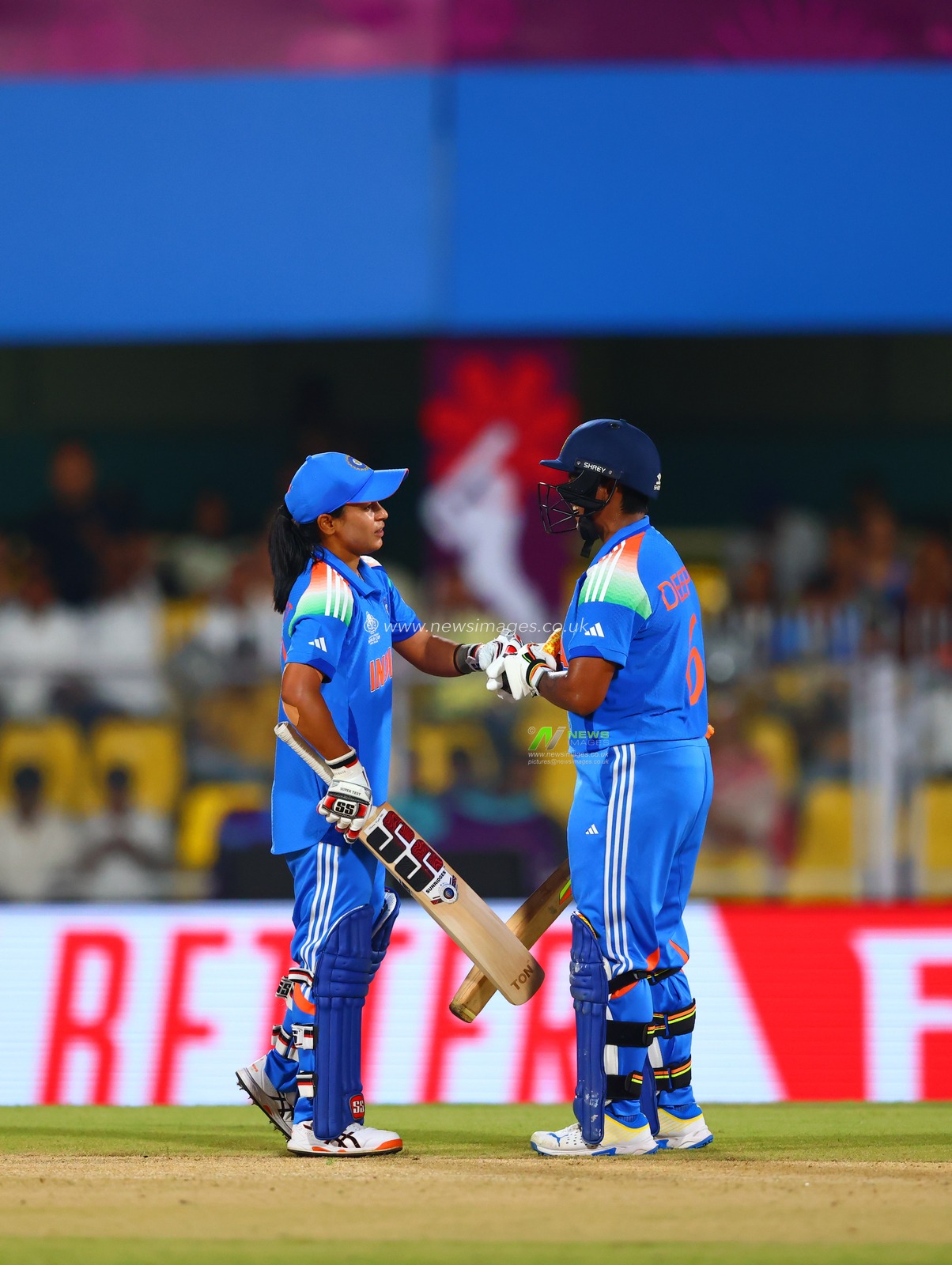 Amanjot Kaur of India and Depti Sharma of India during the ICC Women's World Cup India Women v Sri Lanka Women at ACA Barsapara Cricket Stadium, Guwahati, India, 30th September 2025

(Photo by Shubhajit Roy Karmakar/News Images)