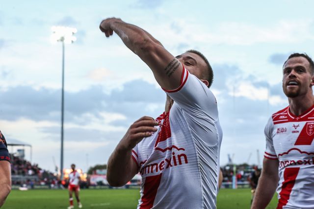 Mikey Lewis of Hull KR celebrates his try making it 6-0 during the Betfred Super League Semi Final 2 match Hull KR vs St Helens at Sewell Group Craven Park, Kingston upon Hull, United Kingdom, 3rd October 2025

(Photo by Alfie Cosgrove/News Images)