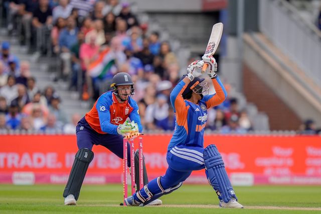 Abhishek Sharma of India hits a four during the Second Vitality T20 International match England vs India at Old Trafford, Manchester, United Kingdom on 04 July 2026

(Photo by Maynard Manyowa/News Images)