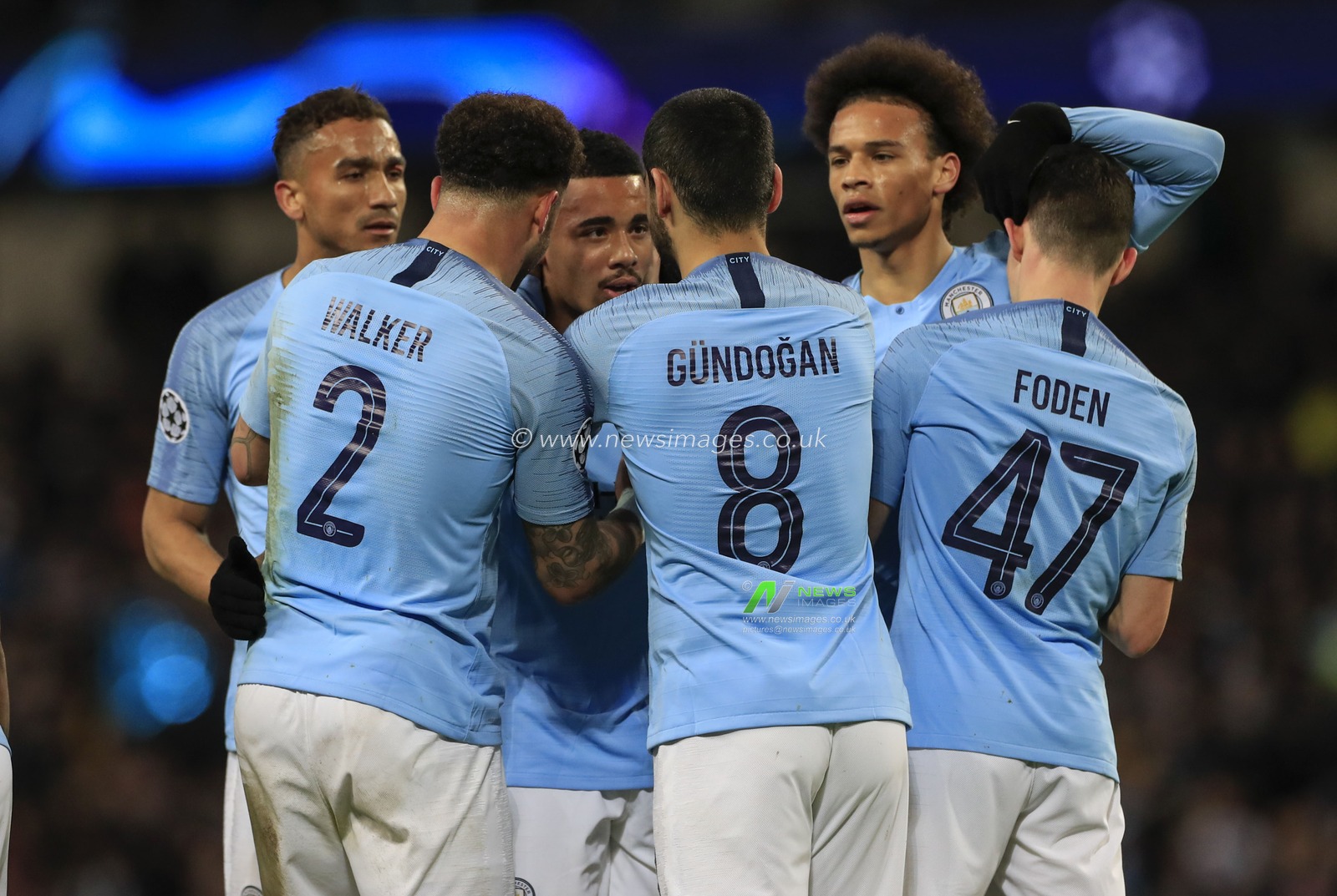 ,12th March 2019 , Etihad Stadium, Manchester, England; UEFA Champions League, Round of 16, Manchester City v Schalke ; Gabriel Jesus (33) of Manchester City is congratulated by his team mates on scoring the seventh goal in the 84th minute

Credit: Conor Molloy/News Images