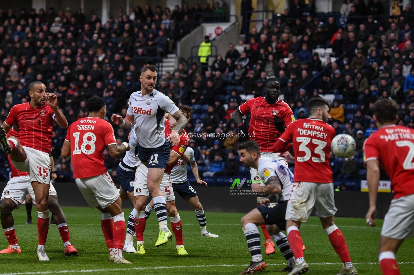 18th January 2020, Deepdale, Preston, England; Sky Bet Championship, Preston North End v Charlton Athletic : Patrick Bauer (21) of Preston North End scores a goal to make it 2-1

Credit: Richard Long/News Images