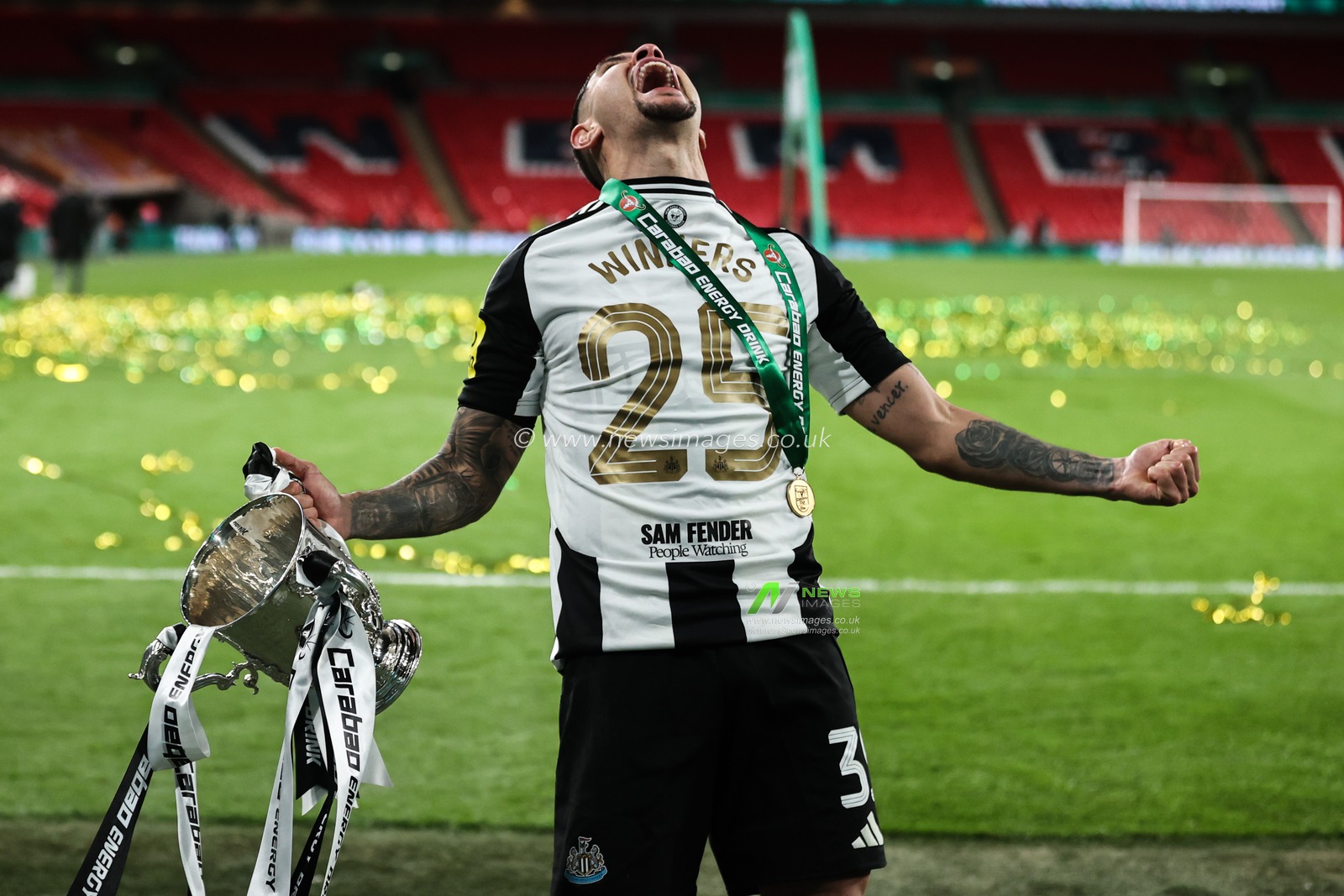 Bruno GuimarÃ£es of Newcastle United with the Carabao Cup trophy after his teams win in the Carabao Cup Final match Liverpool vs Newcastle United at Wembley Stadium , London, United Kingdom, 16th March 2025

(Photo by Alfie Cosgrove/News Images)