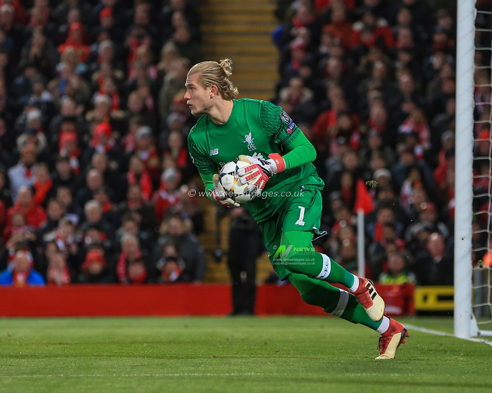 4th April 2018 , Anfield, Liverpool, England; Champions League Quarter Final, first leg, Liverpool v Manchester City; Loris Karius of Liverpool