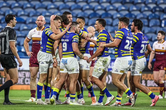 Sam Stone of Warrington Wolves celebrates his try during the Betfred Super League round 10 match Huddersfield Giants vs Warrington Wolves at Accu Stadium, Huddersfield, United Kingdom on 02 May 2026

(Photo by Alfie Cosgrove/News Images)