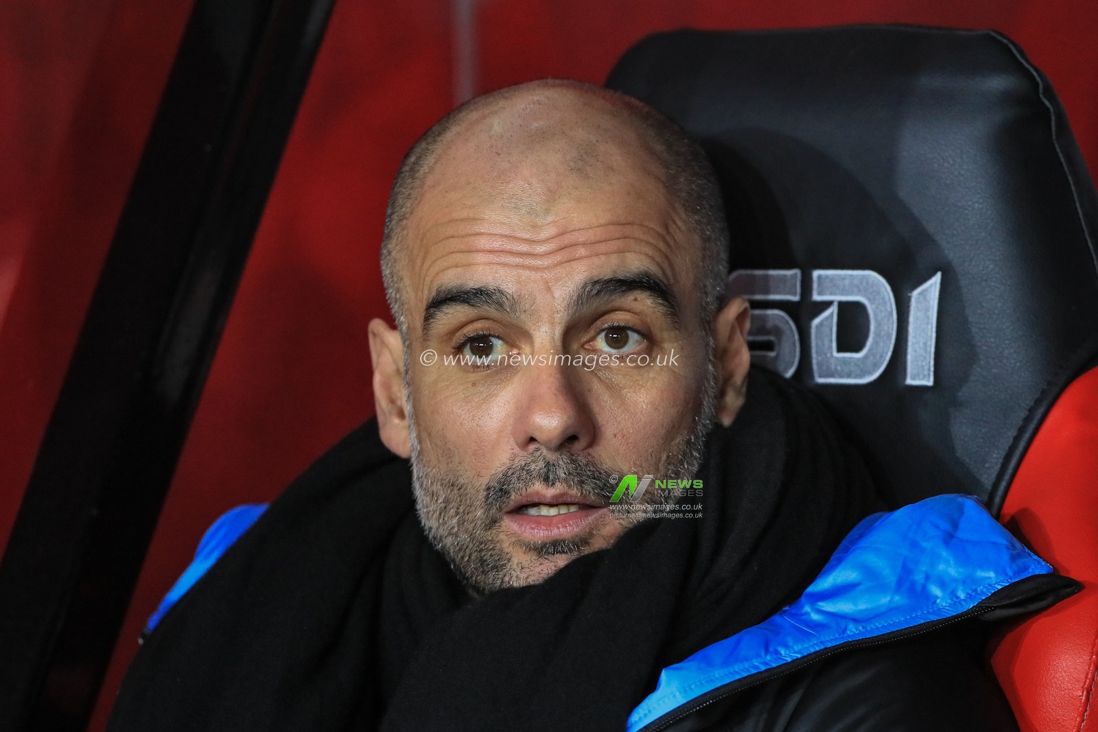 21st January 2020, Bramall Lane, Sheffield, England; Premier League, Sheffield United v Manchester City : Pep Guardiola manager of Manchester City sits in the dugout before kick-off