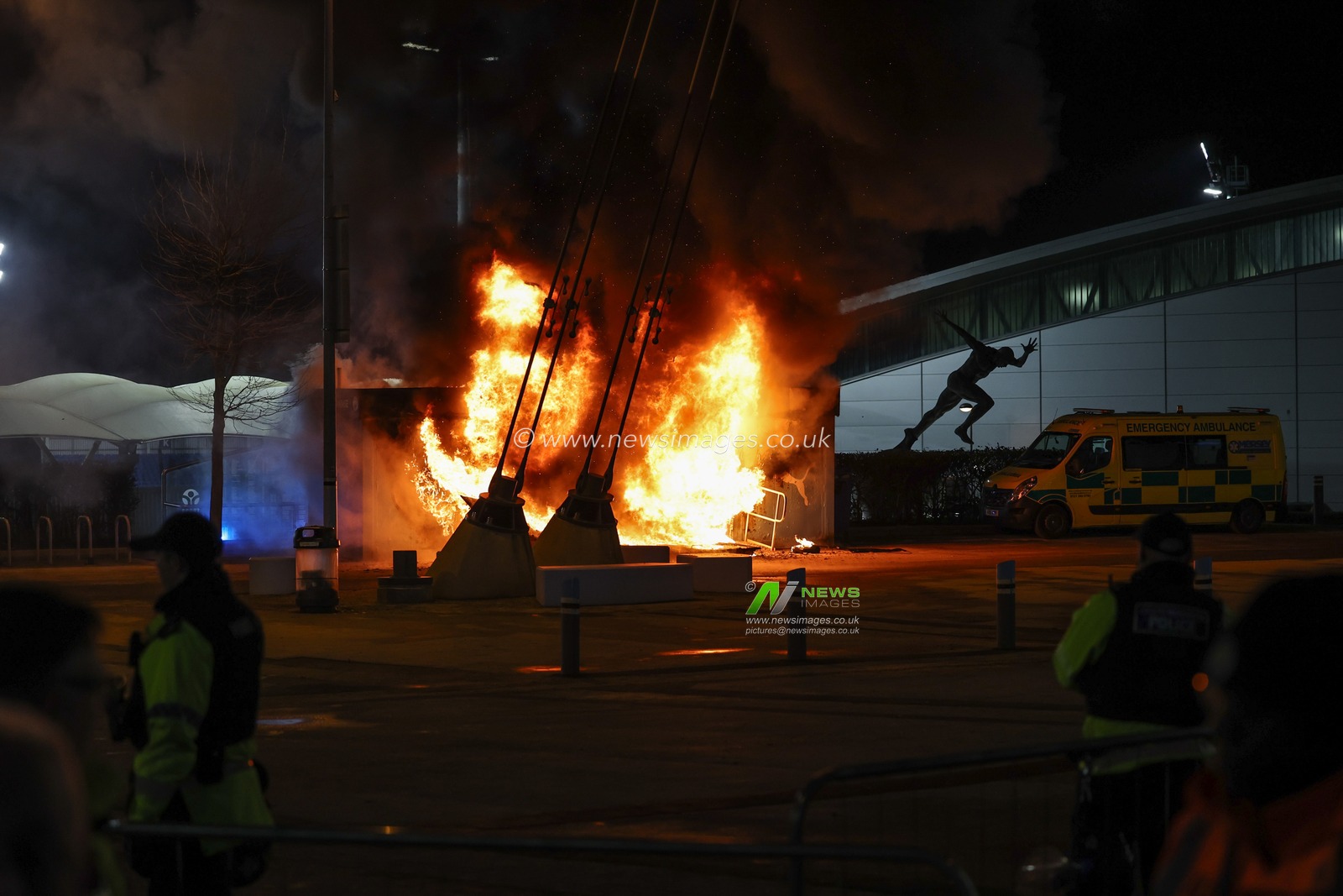 A fire breaks out just outside of the Etihad Stadium during the UEFA Champions League Matchday 8 of 8 Manchester City vs Club Brugge at Etihad Stadium, Manchester, United Kingdom, 29th January 2025

(Photo by Mark Cosgrove/News Images)