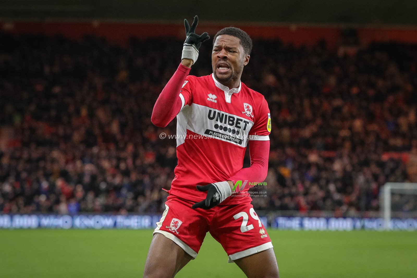 Chuba Akpom #29 of Middlesbrough celebrates his goal and makes the score 2-0 during the Sky Bet Championship match Middlesbrough vs Wigan Athletic at Riverside Stadium, Middlesbrough, United Kingdom, 26th December 2022

(Photo by James Heaton/News Images)