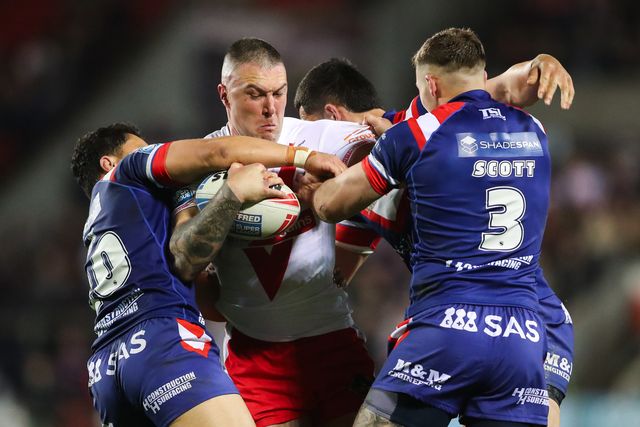 Curtis Sironen of St. Helens is tackled during the Betfred Super League  Round 7 match St Helens vs Wakefield Trinity at Totally Wicked Stadium, St Helens, United Kingdom, 11th April 2025

(Photo by Gareth Evans/News Images)