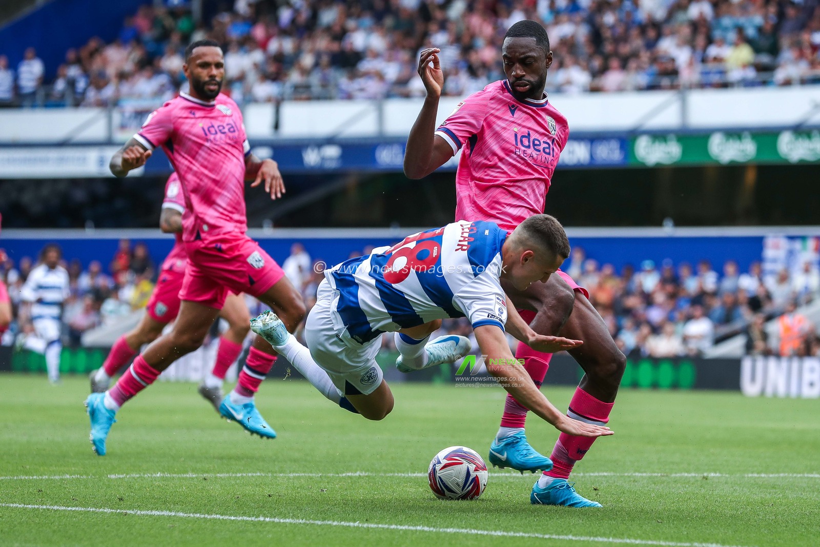 Å½an Celar of Queens Park Rangers is tackled by Semi Ajayi of West Bromwich Albion during the Sky Bet Championship match Queens Park Rangers vs West Bromwich Albion at Kiyan Prince Foundation Stadium, London, United Kingdom, 10th August 2024

(Photo by Izzy Poles/News Images)
