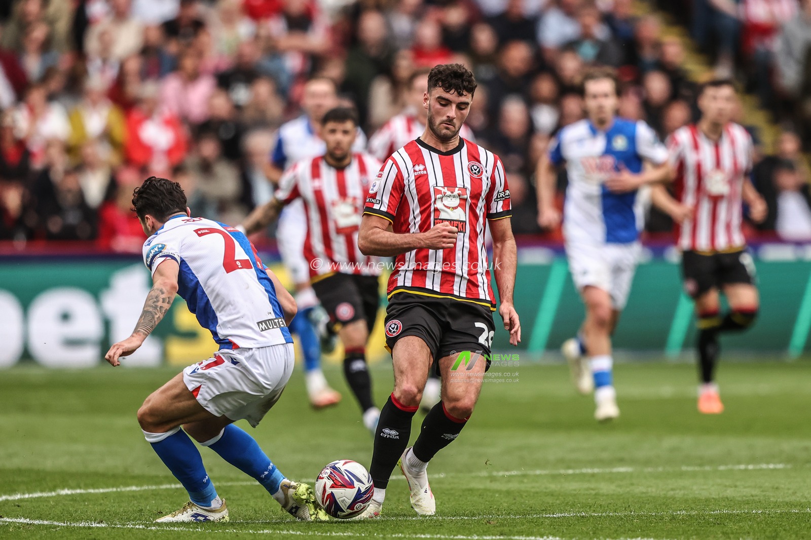 Thomas Cannon of Sheffield United is tackled by Lewis Travis of Blackburn Rovers during the Sky Bet Championship match Sheffield United vs Blackburn Rovers at Bramall Lane, Sheffield, United Kingdom, 3rd May 2025

(Photo by Alfie Cosgrove/News Images)