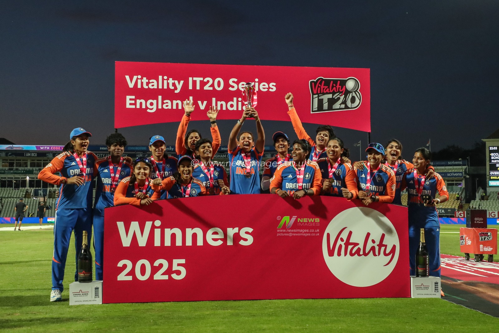 India lift the trophy after winning the series 2-3  during the 5th Vitality IT20 England Women vs India Women at Edgbaston, Birmingham, United Kingdom, 12th July 2025

(Photo by Izzy Poles/News Images)
