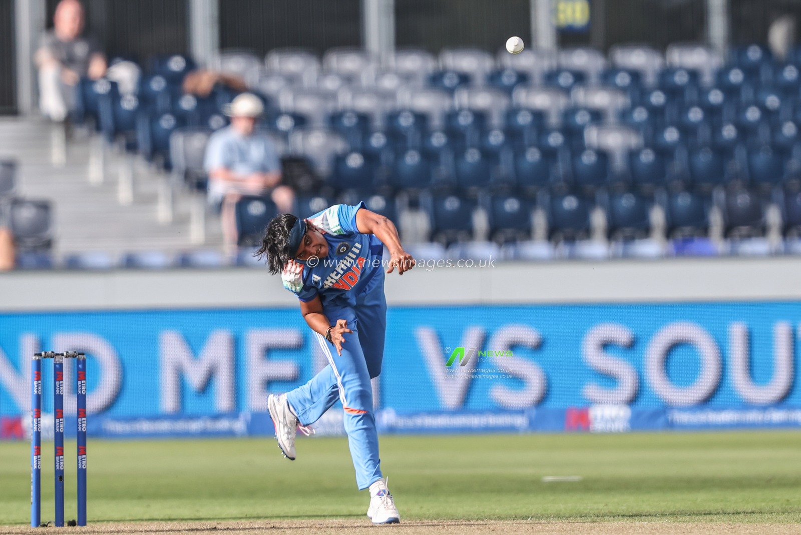 Sree Charani of India delivers the ball during the 3rd Metro Bank One Day International England Women vs India Women at Banks Homes Riverside Stadium, Chester-le-street, United Kingdom, 22nd July 2025

(Photo by Alfie Cosgrove/News Images)